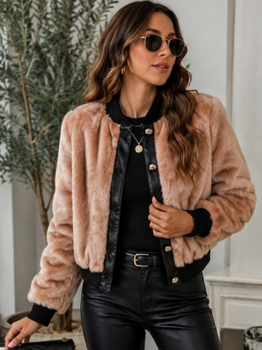 JULES KAE VEGAN LEATHER AND FAUX FUR ROSE COLOR BOMBER JACKET, SIZE SMALL NWT